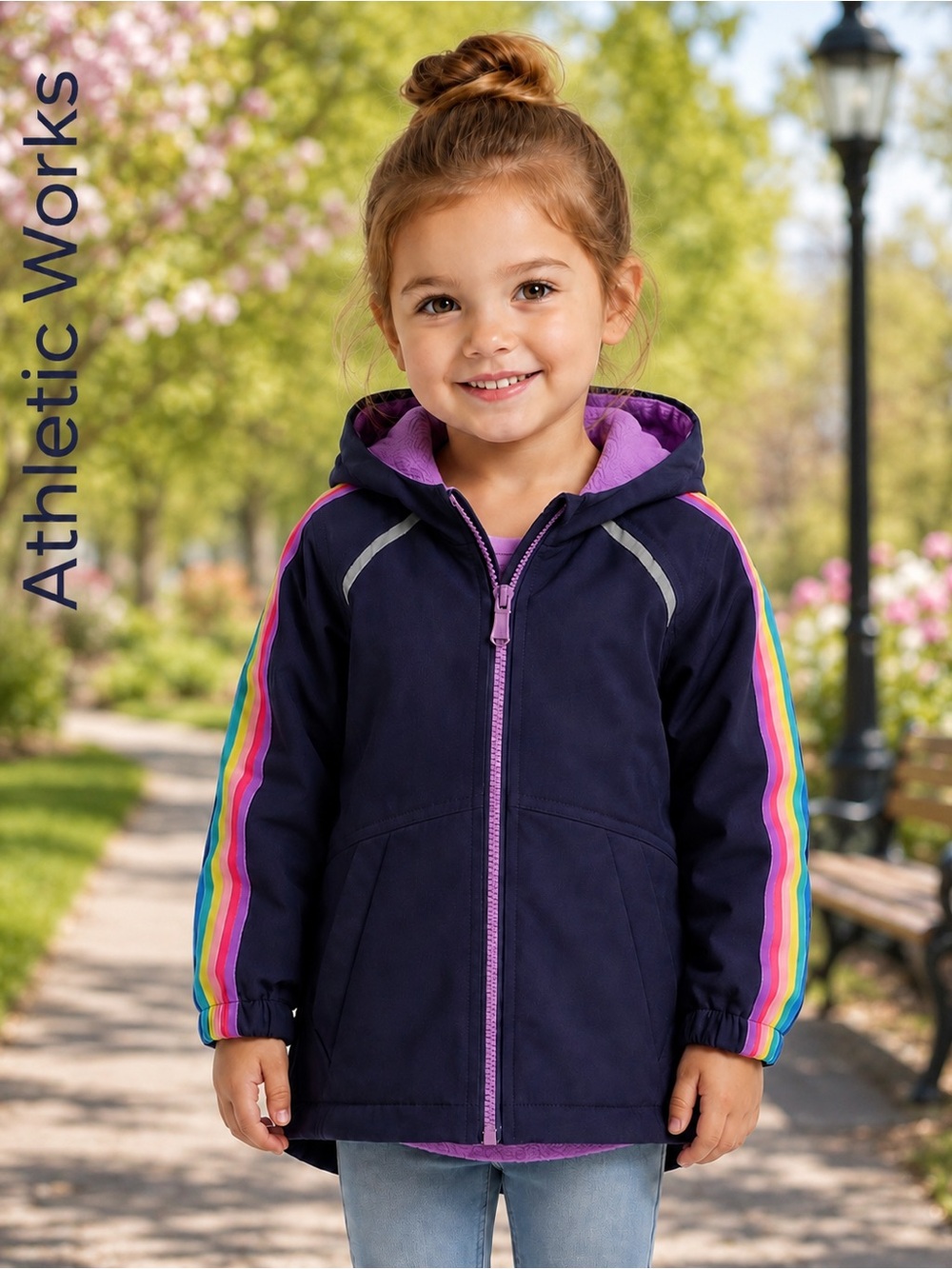Athletic Works Girls Navy Rainbow Stripe Fleece Lined Hooded Jacket Size 3T